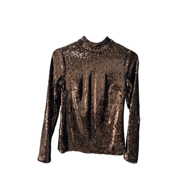 Ted Baker Lovato Sequin Top High Neck Brown Zipper Back Size 0, Pre-Owned EUC - Picture 1 of 9